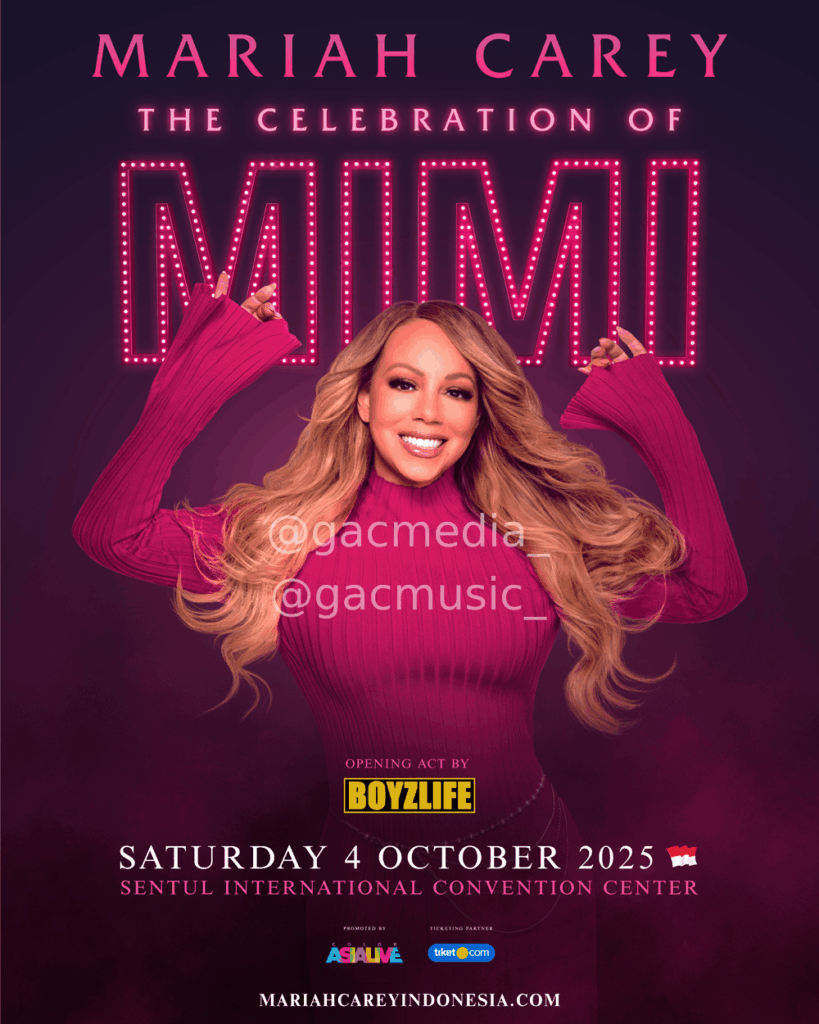 Poster resmi konser Mariah Carey The Celebration of Mimi 2025 di Sentul ICC dengan opening act Boyzlife