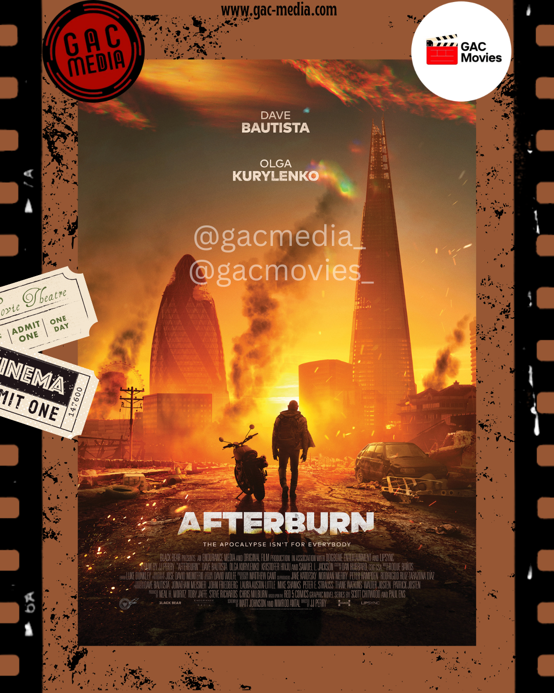Poster resmi film Afterburn dengan Dave Bautista, Samuel L. Jackson, dan Olga Kurylenko berlatar dunia pasca-apokaliptik