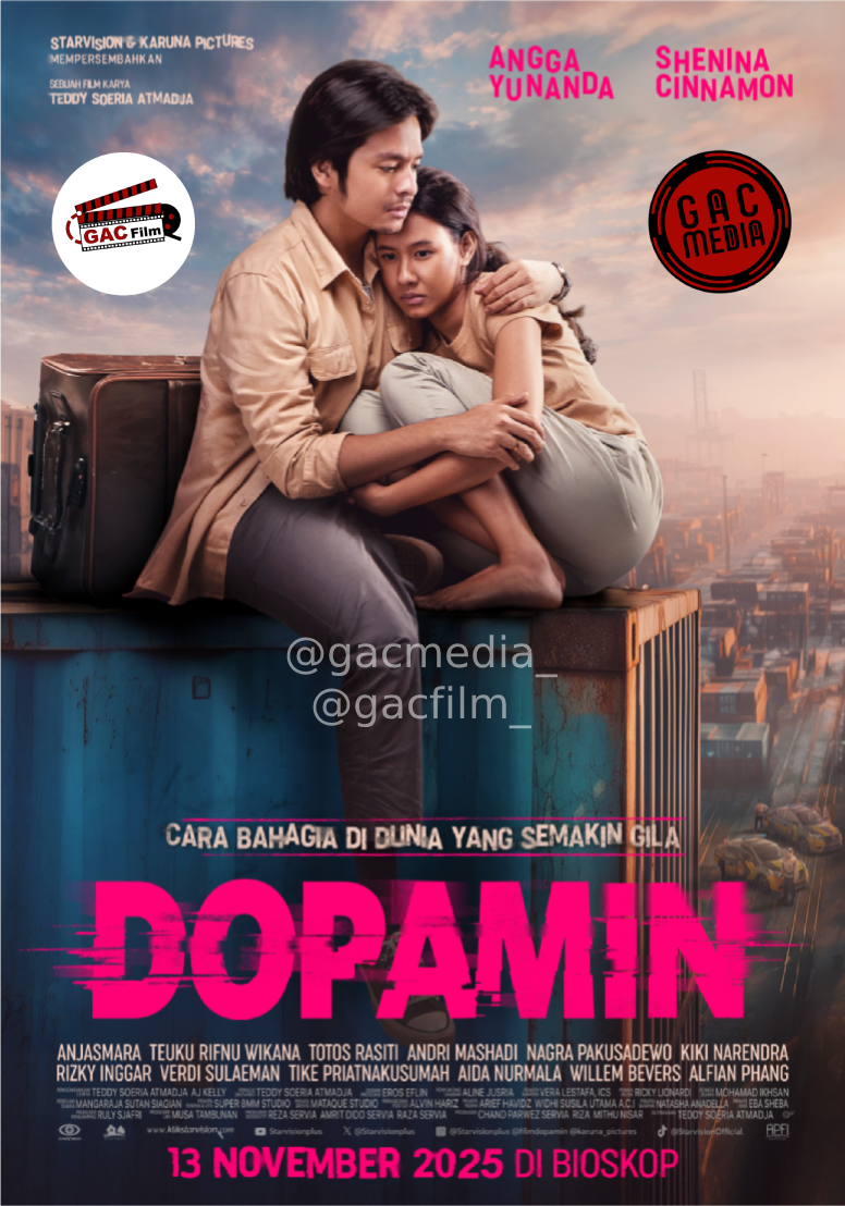 Poster resmi film Dopamin menampilkan Angga Yunanda dan Shenina Cinnamon dengan ekspresi tegang.