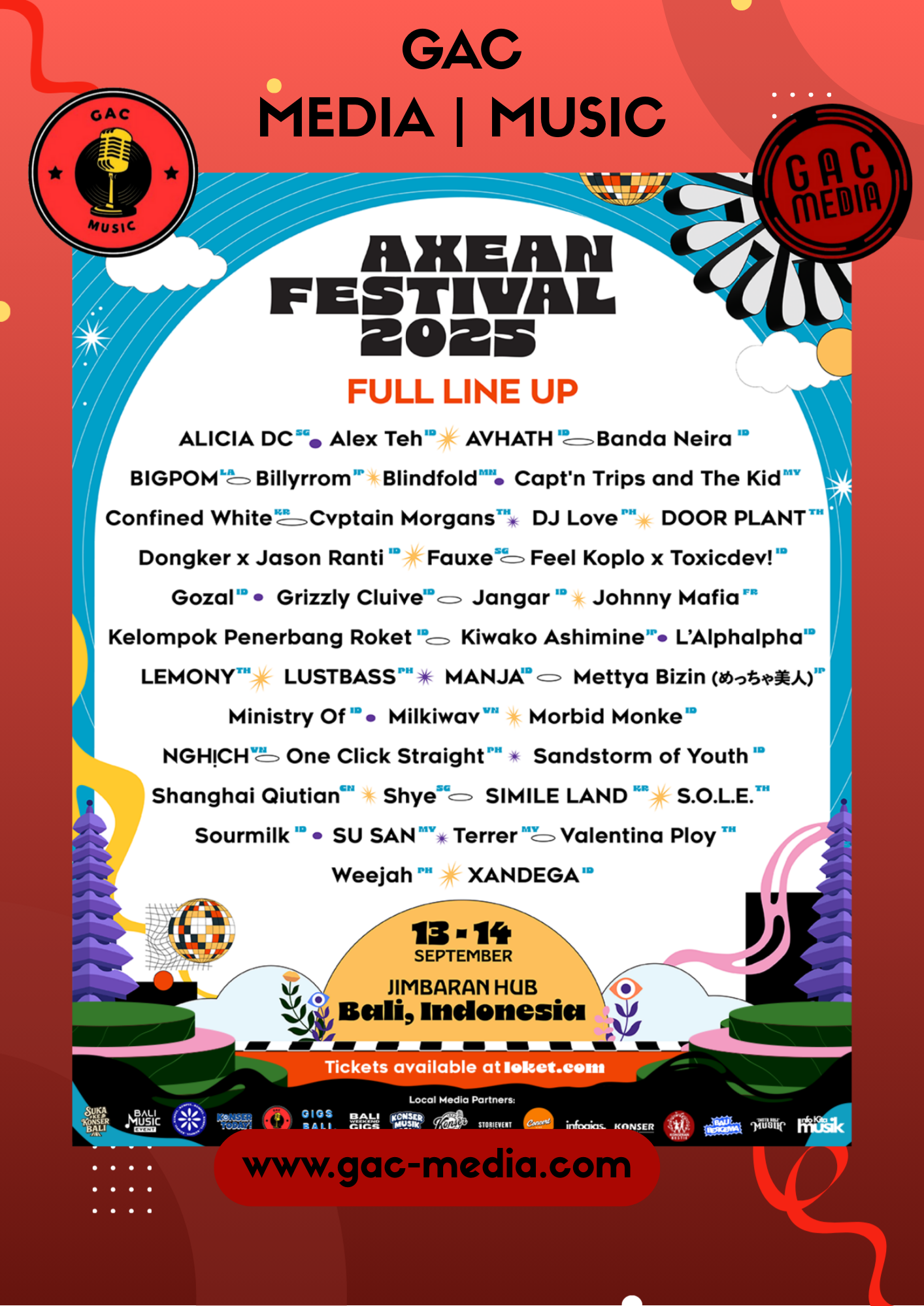 Poster resmi AXEAN Festival 2025 dengan line-up lengkap 45 musisi dari Asia