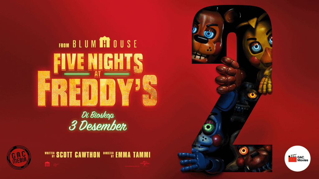 Animatronic Chica, Bonnie, dan Foxy muncul dalam adegan gelap dan menakutkan.