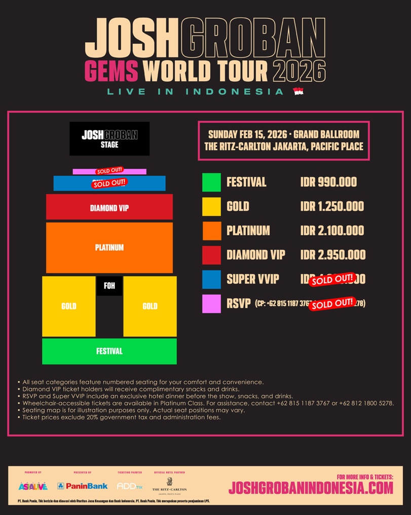 “Poster resmi Panin Bank Presents Josh Groban – GEMS World Tour 2026 di Jakarta.”